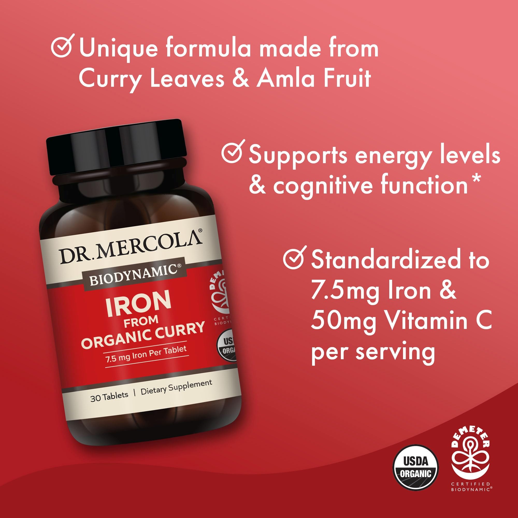 Dr. Mercola Iron from Organic Curry, 30 Servings (30 Tablets), 7.5 mg Iron Per Tablet, Dietary Supplement, Supports Immune Health, Regenerative, Certified USDA Organic, Non-GMO - Image 3